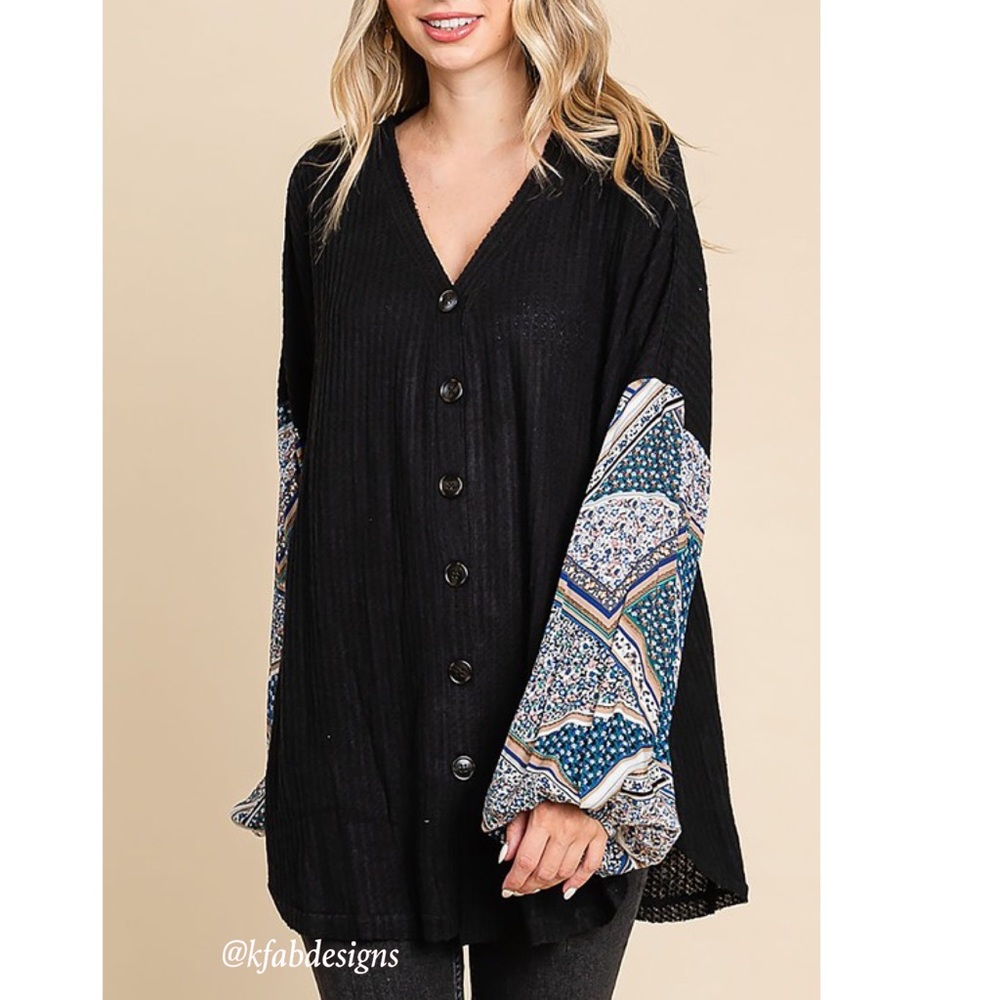 LAST 1! Boho Balloon Sleeve Black/Blue Waffle Knit Oversized Button Down Top - Picture 4 of 7